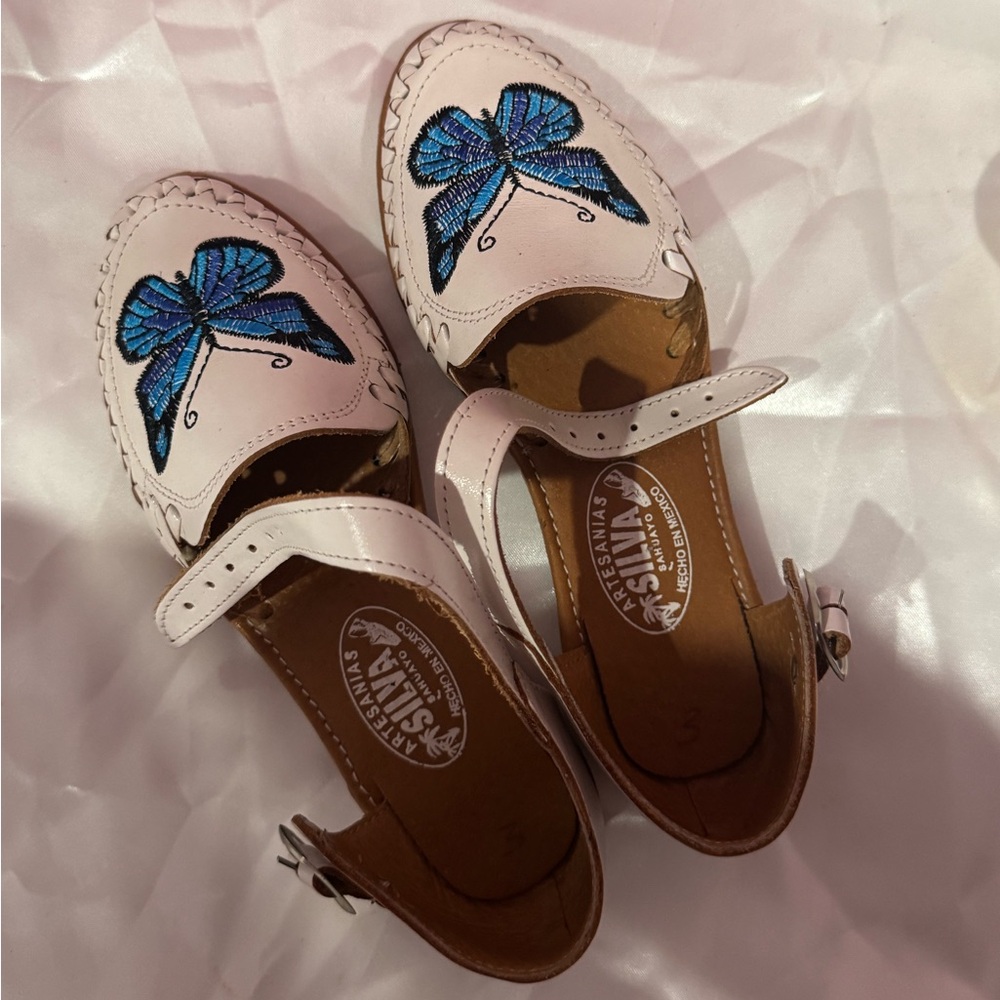 White Sandals Blue Butterfly Design